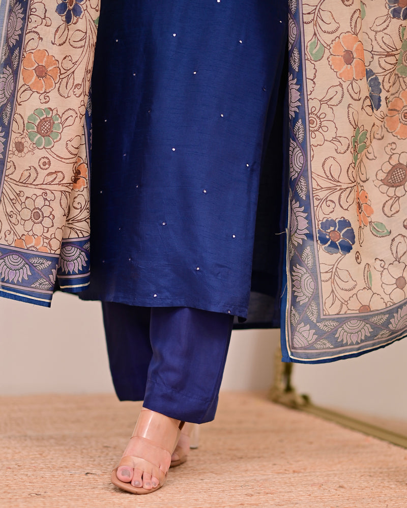 Navy Blue Chanderi Silk Kalamkari Suit
