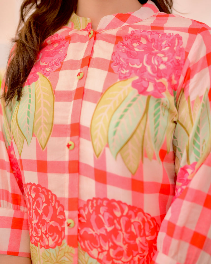 Peach Checkered Blossom A Line Cotton Kurta Set
