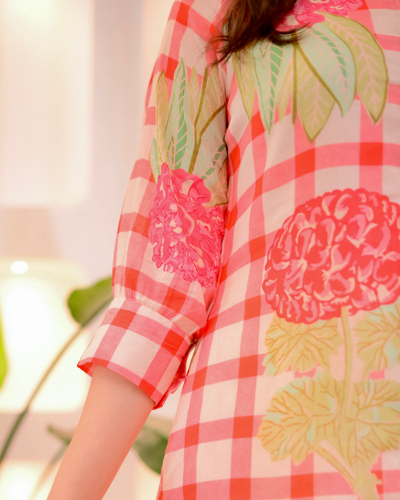 Peach Checkered Blossom A Line Cotton Kurta Set