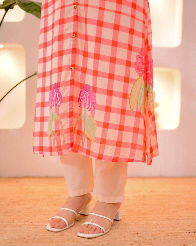 Peach Checkered Blossom A Line Cotton Kurta Set