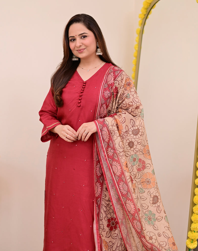 Maroon Red Chanderi Silk Kalamkari Suit