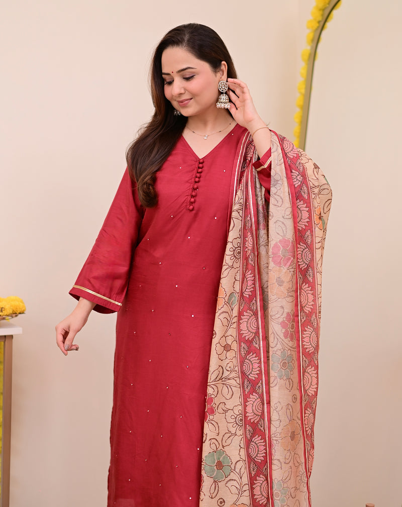 Maroon Red Chanderi Silk Kalamkari Suit