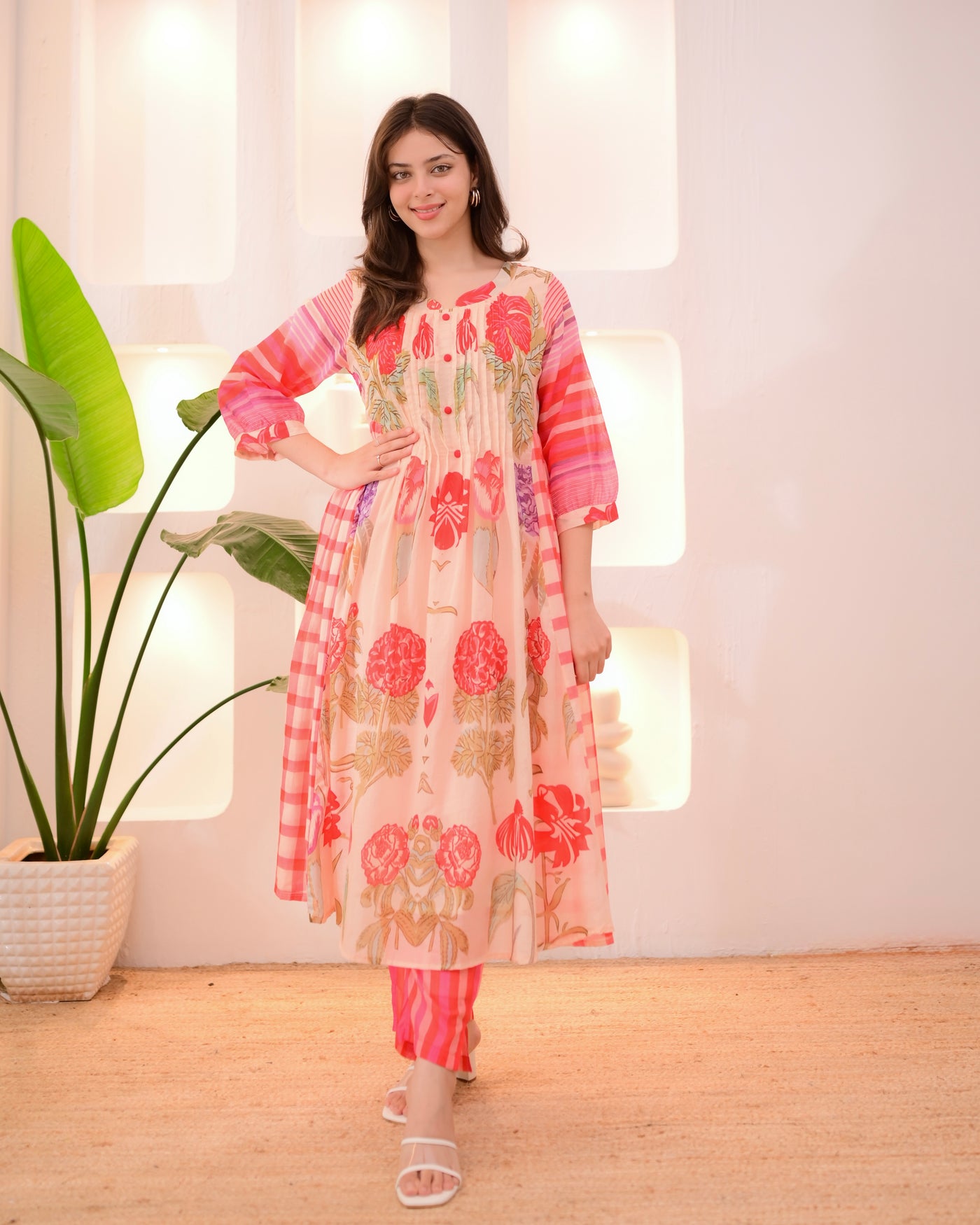 Peach Pintex Bloomflare Mul Cotton A Line Kurta Set