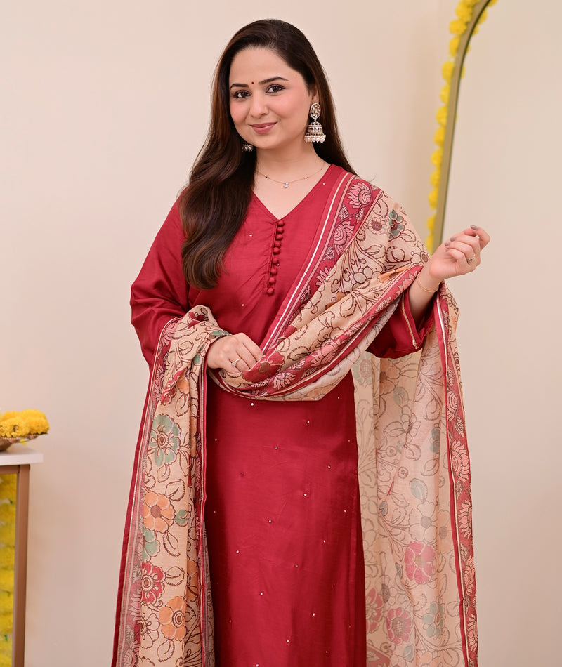 Maroon Red Chanderi Silk Kalamkari Suit