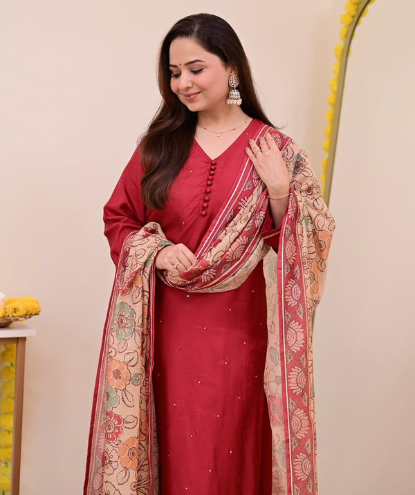 Maroon Red Chanderi Silk Kalamkari Suit