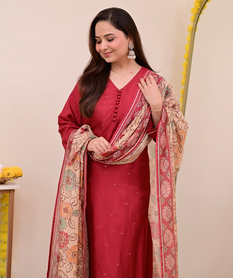 Maroon Red Chanderi Silk Kalamkari Suit