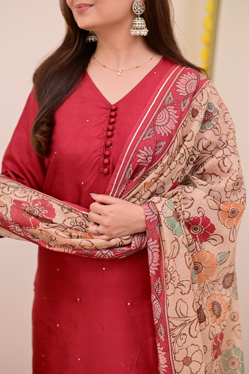 Maroon Red Chanderi Silk Kalamkari Suit
