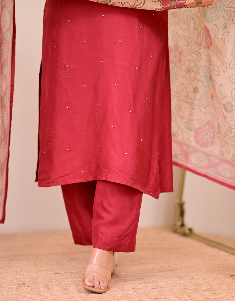 Maroon Red Chanderi Silk Kalamkari Suit