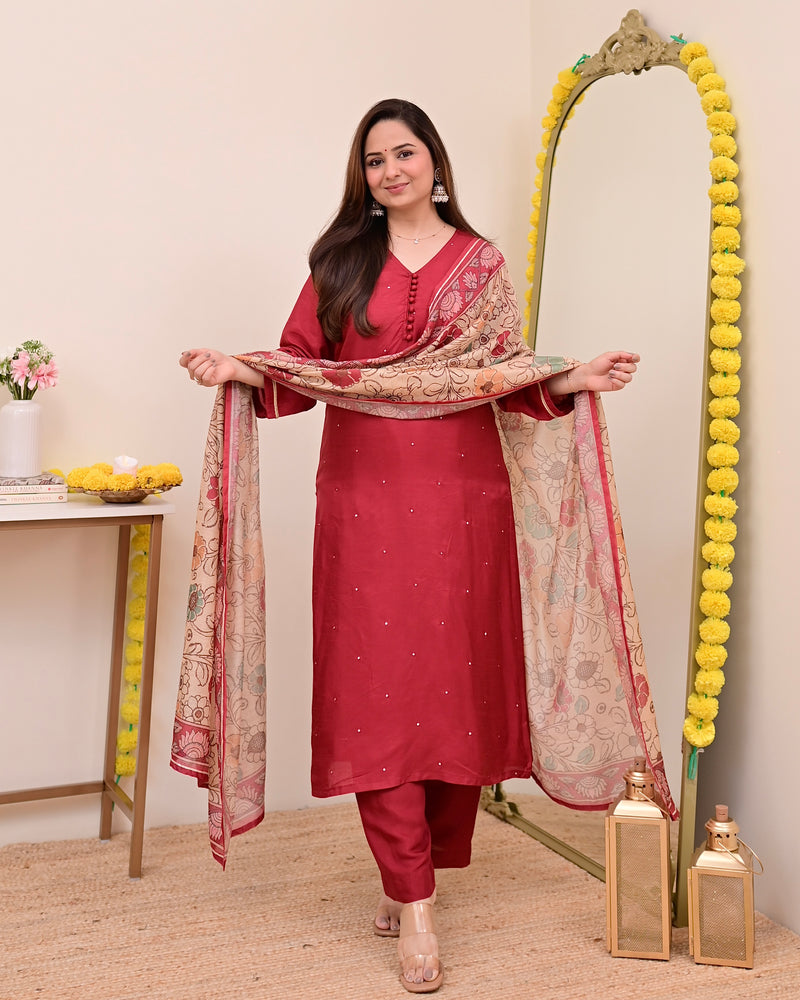 Maroon Red Chanderi Silk Kalamkari Suit