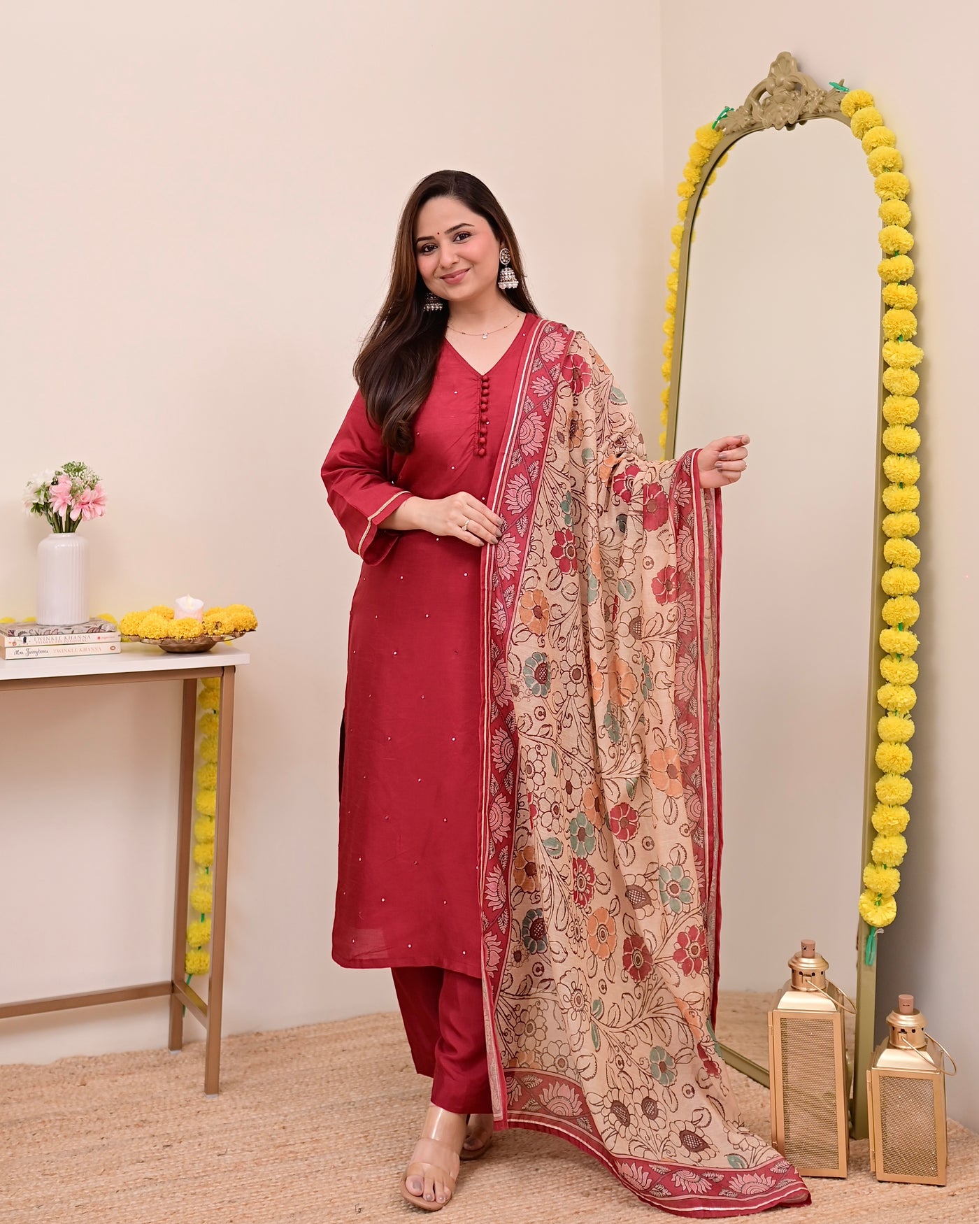 Maroon Red Chanderi Silk Kalamkari Suit