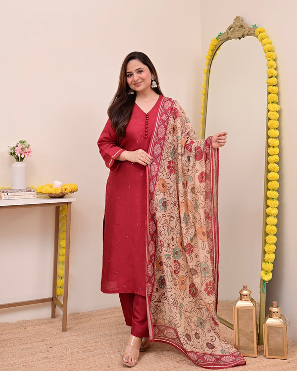 Maroon Red Chanderi Silk Kalamkari Suit