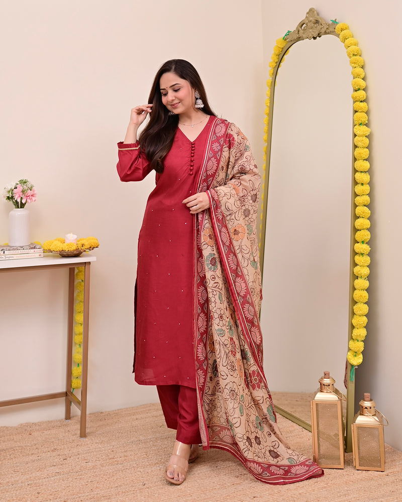 Maroon Red Chanderi Silk Kalamkari Suit