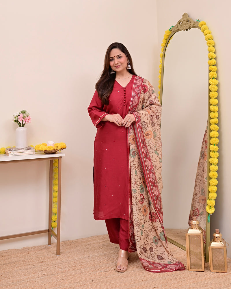 Maroon Red Chanderi Silk Kalamkari Suit