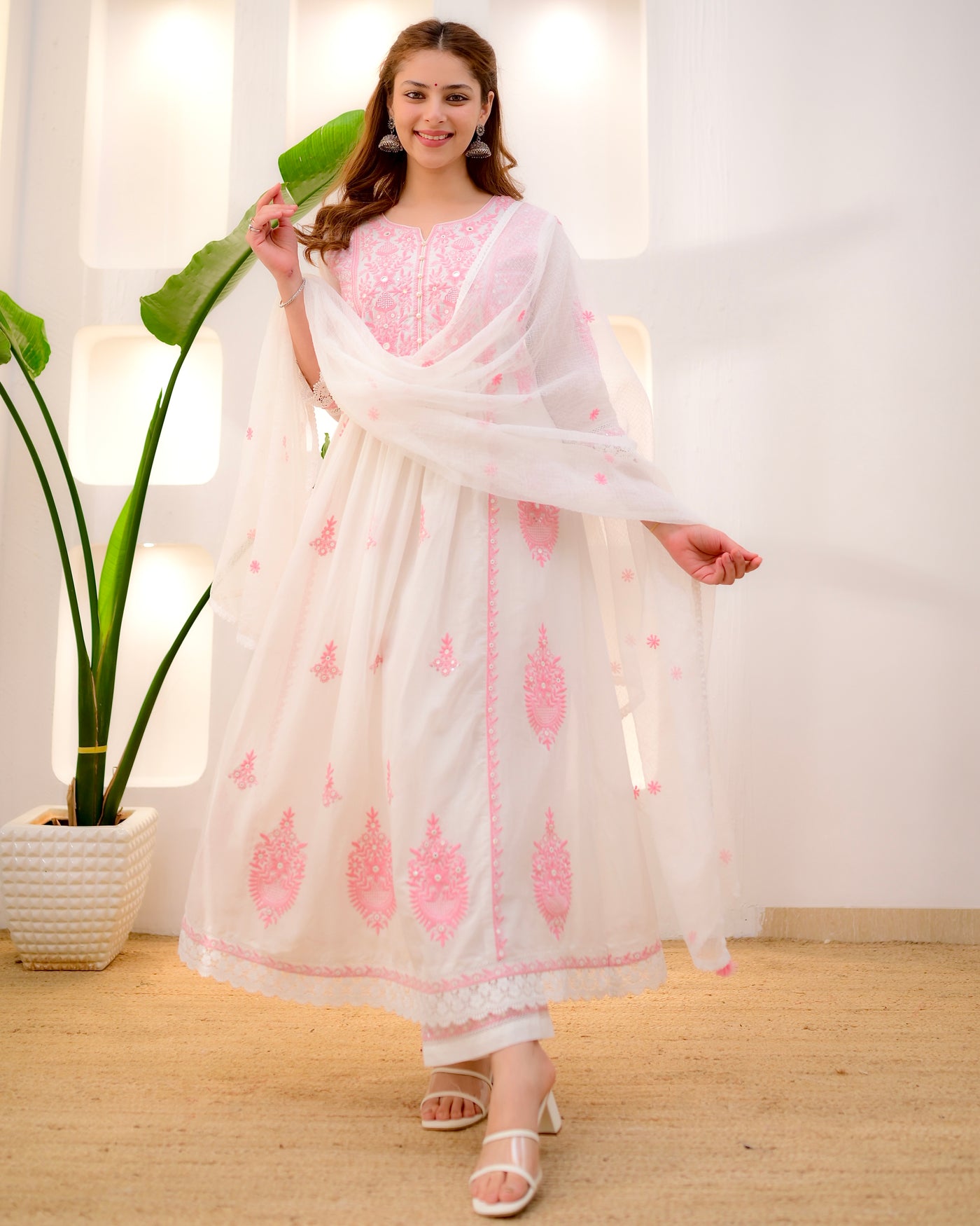 Pink Noor Sukoon Mul Cotton Threadwork A Line Suit