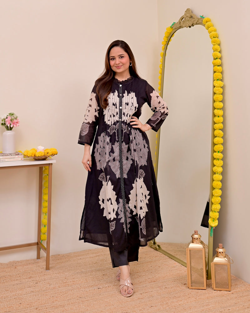 Black Bloom Pintex Mul Cotton A Line Kurta Set