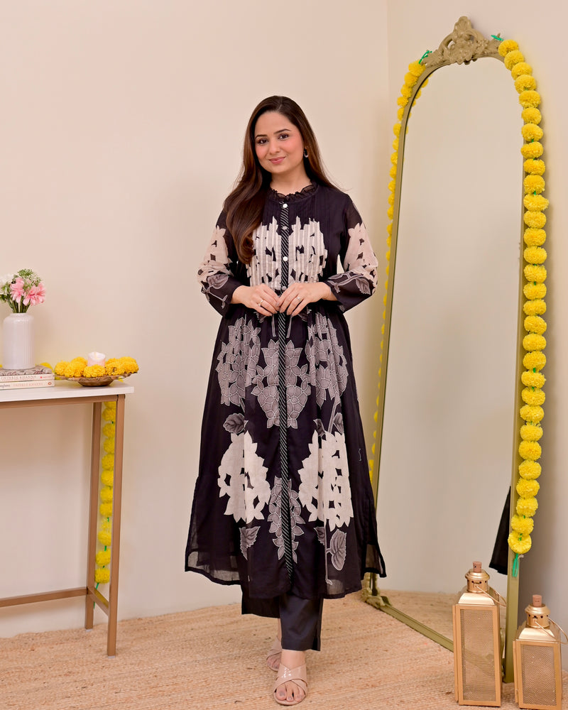 Black Bloom Pintex Mul Cotton A Line Kurta Set