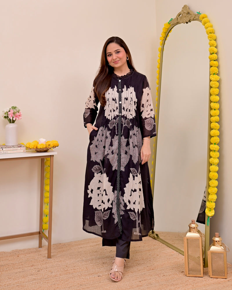 Black Bloom Pintex Mul Cotton A Line Kurta Set