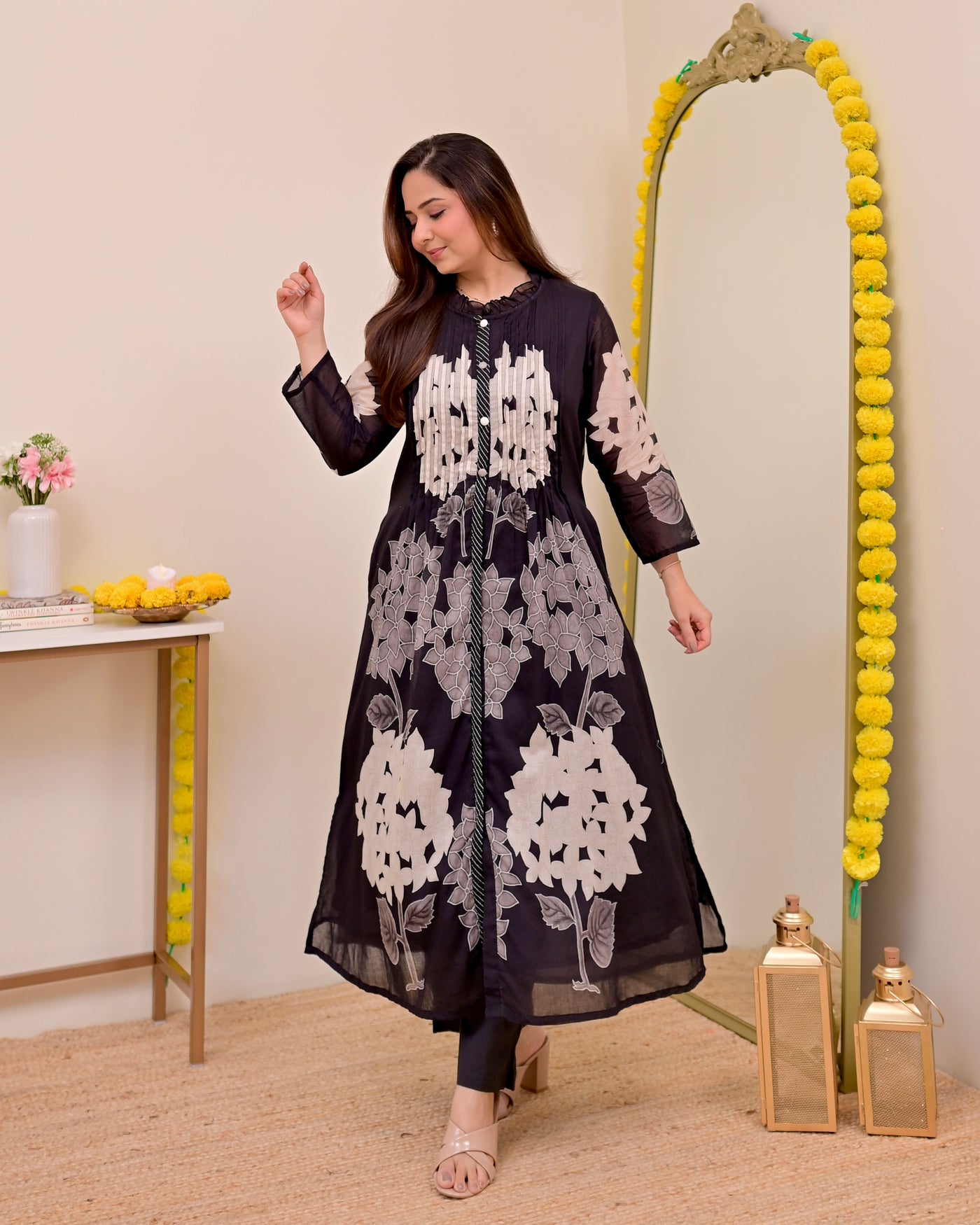 Black Bloom Pintex Mul Cotton A Line Kurta Set