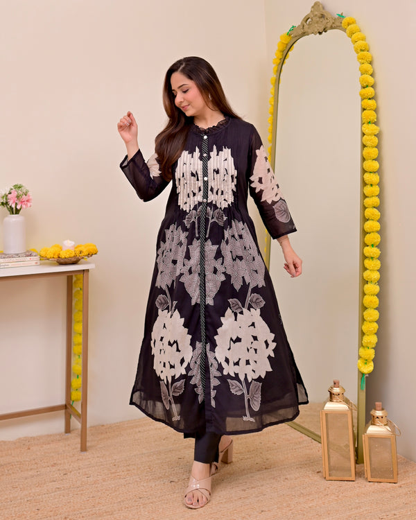 Black Bloom Pintex Mul Cotton A Line Kurta Set