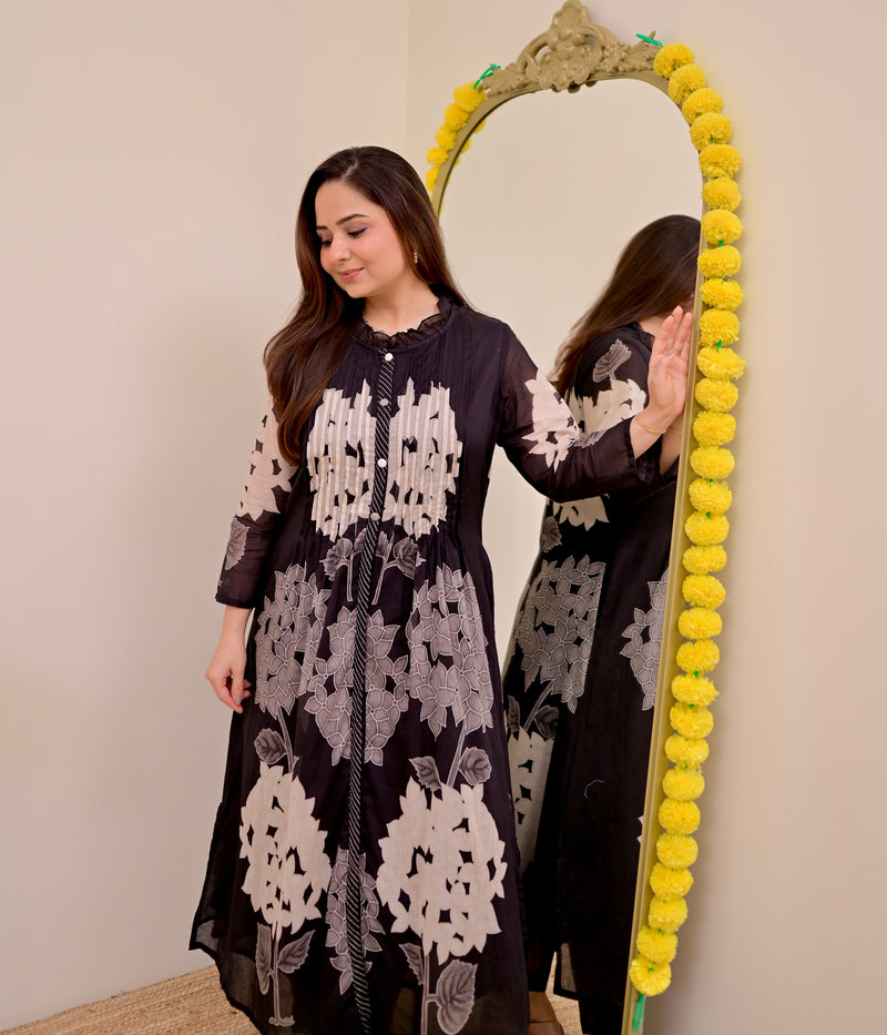 Black Bloom Pintex Mul Cotton A Line Kurta Set