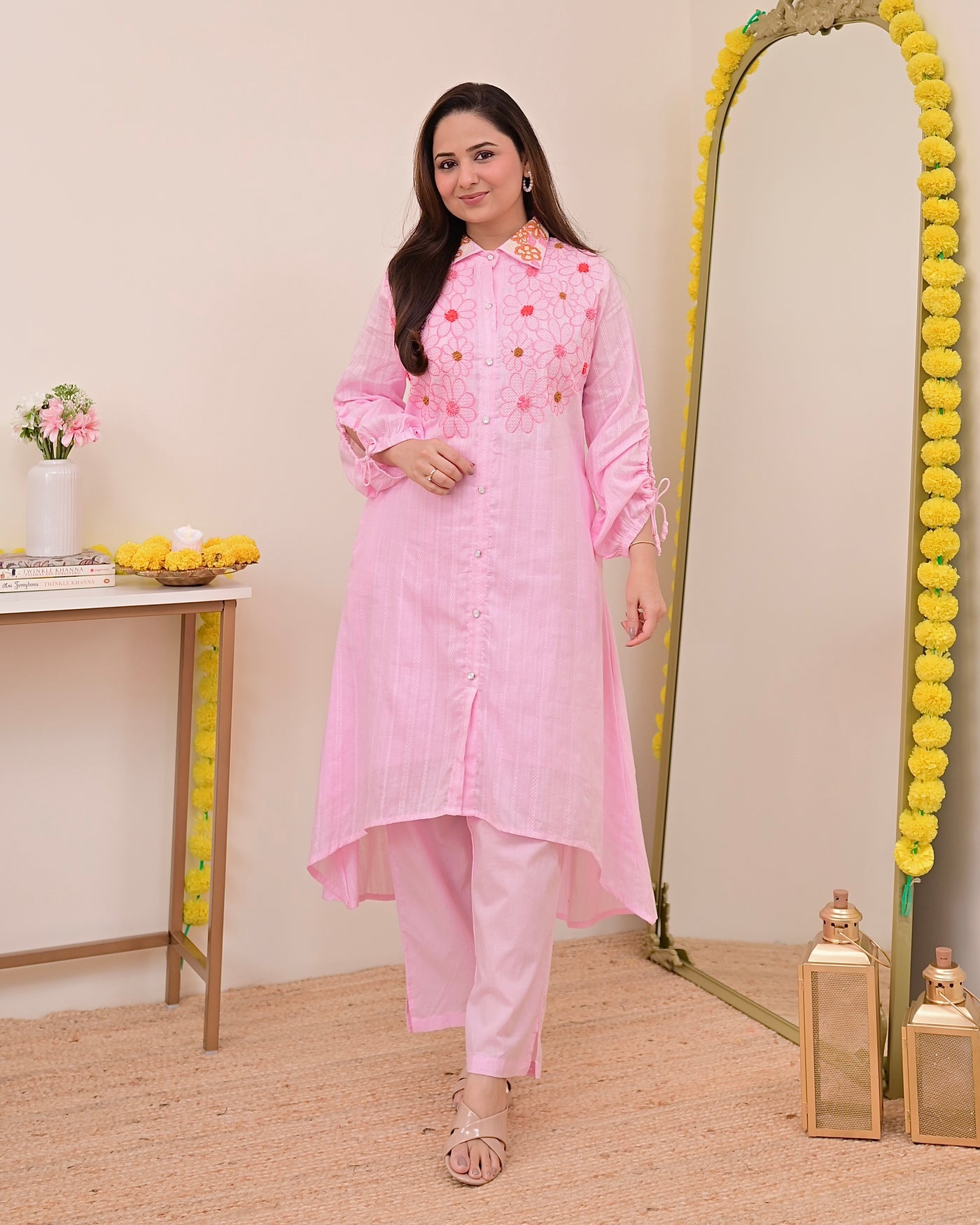 Baby Pink Threadwork A Line Cotton Co-ord