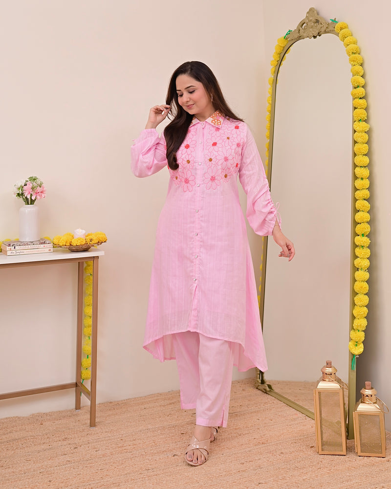 Baby Pink Threadwork A Line Cotton Co-ord