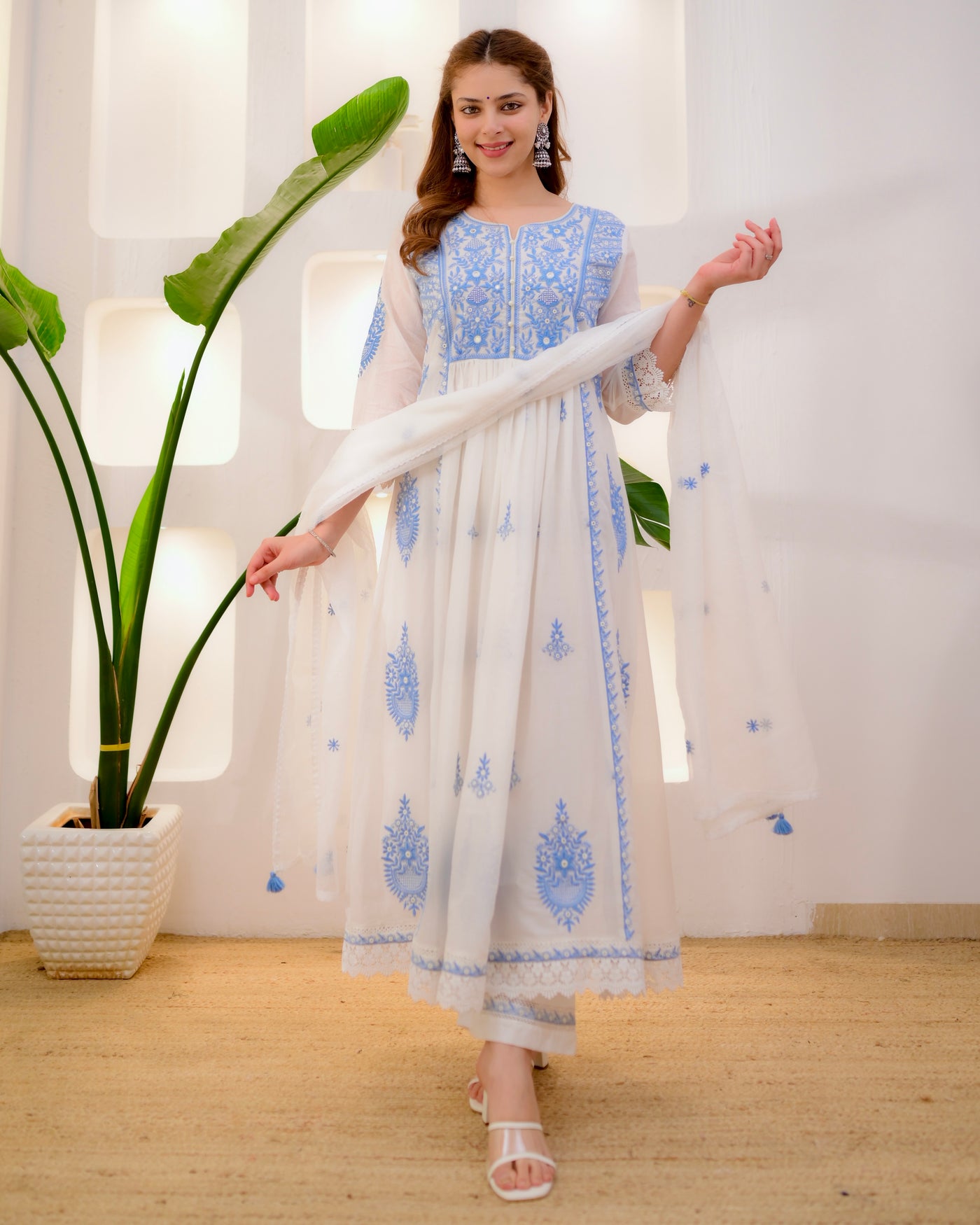 Blue Noor Sukoon Mul Cotton Threadwork A Line Suit