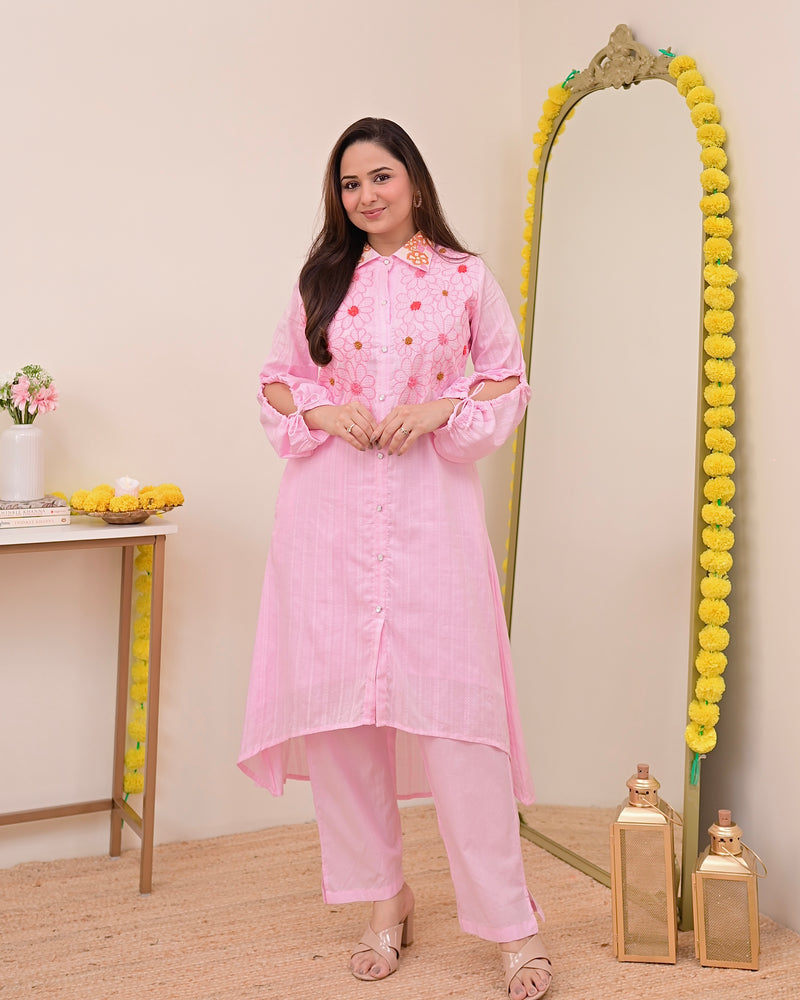 Baby Pink Threadwork A Line Cotton Co-ord