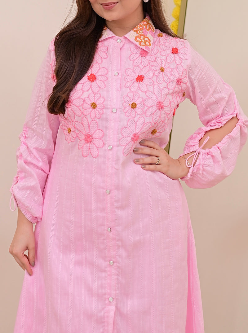 Baby Pink Threadwork A Line Cotton Co-ord