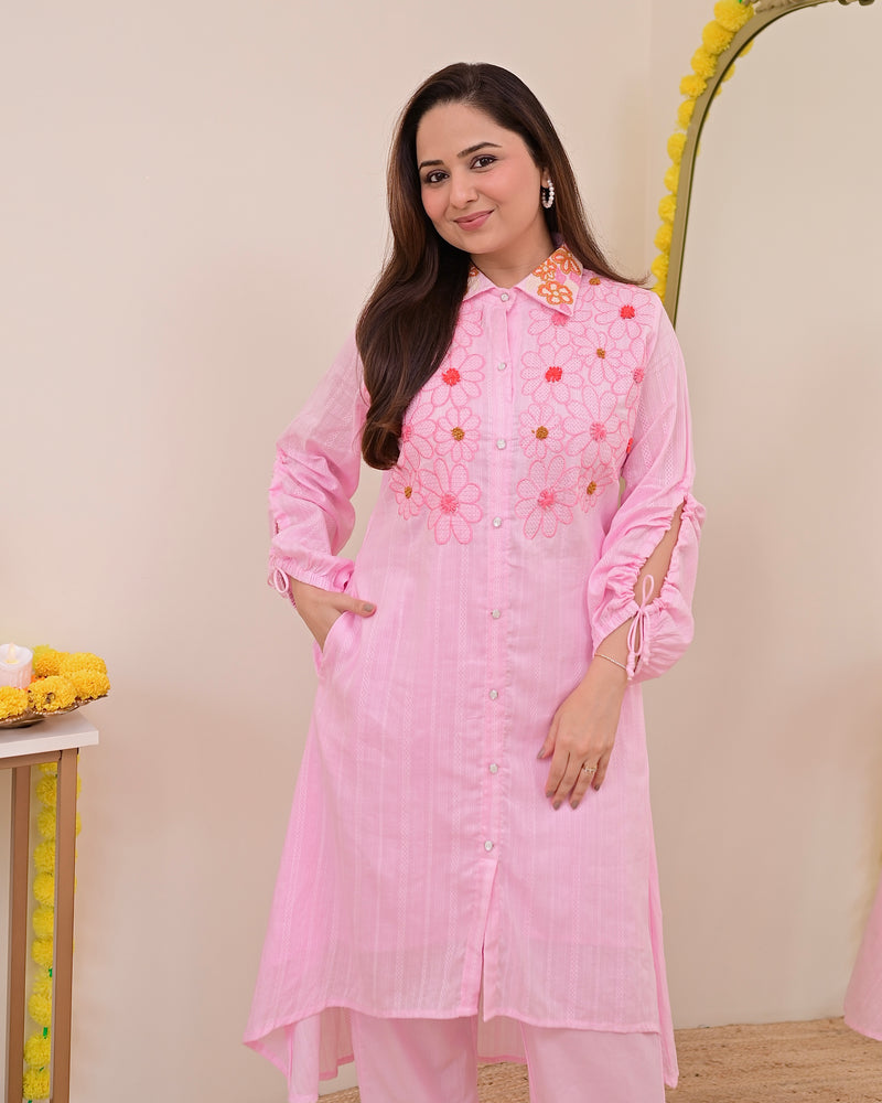 Baby Pink Threadwork A Line Cotton Co-ord