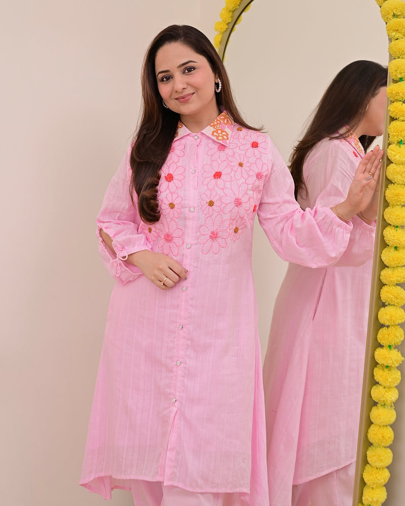 Baby Pink Threadwork A Line Cotton Co-ord