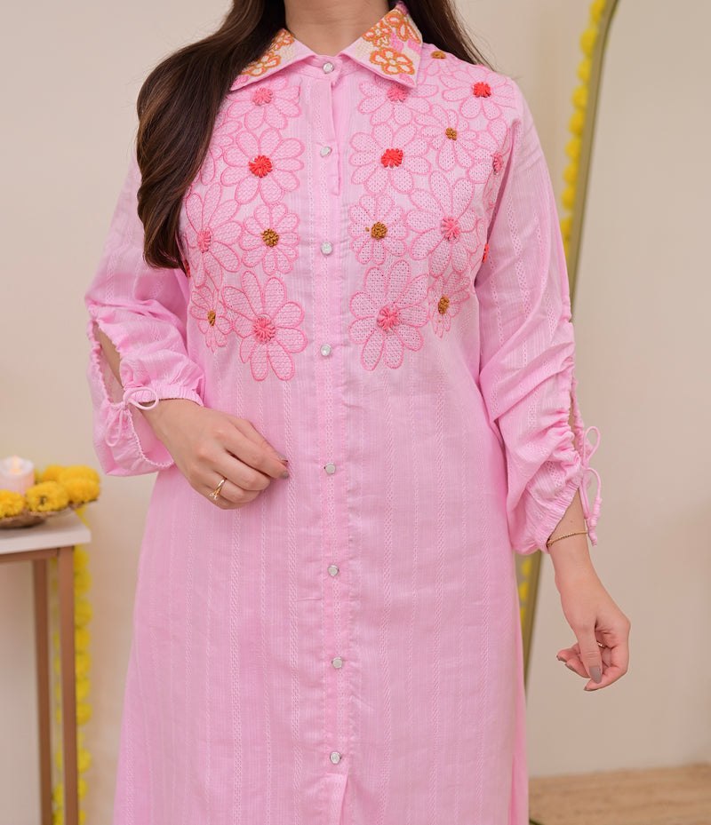 Baby Pink Threadwork A Line Cotton Co-ord