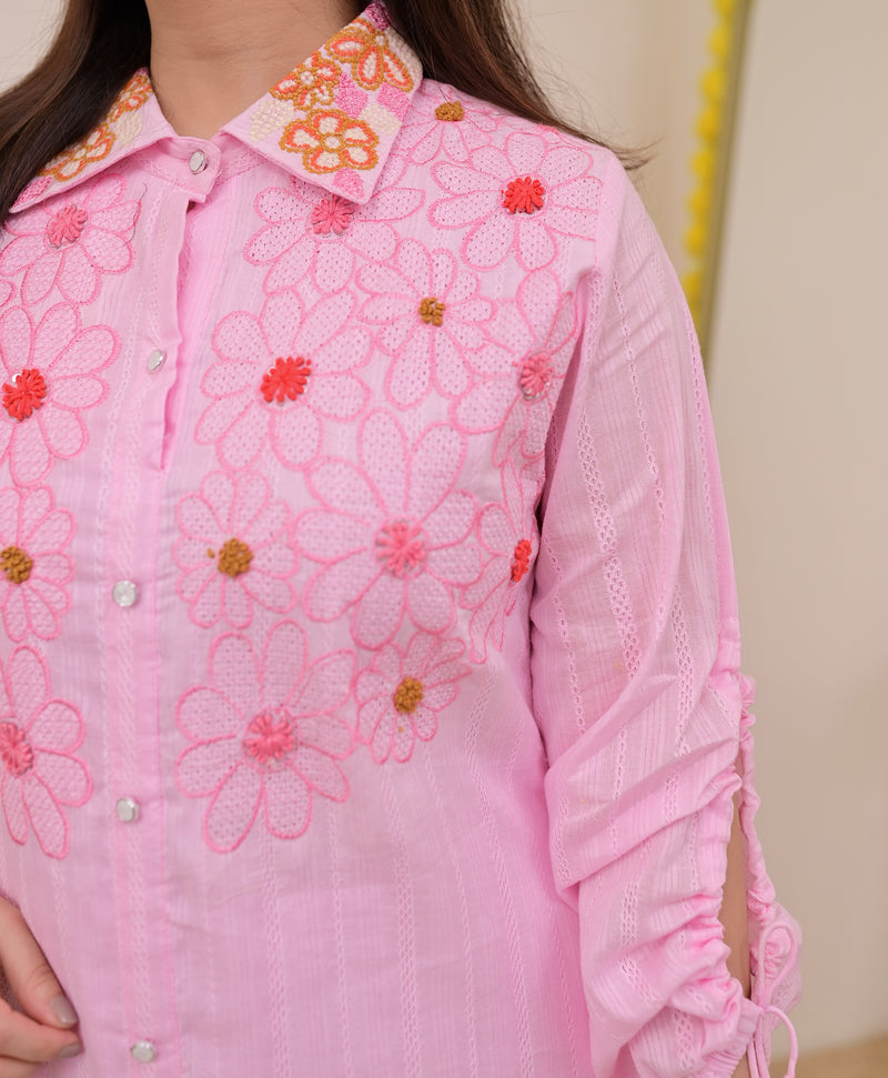 Baby Pink Threadwork A Line Cotton Co-ord