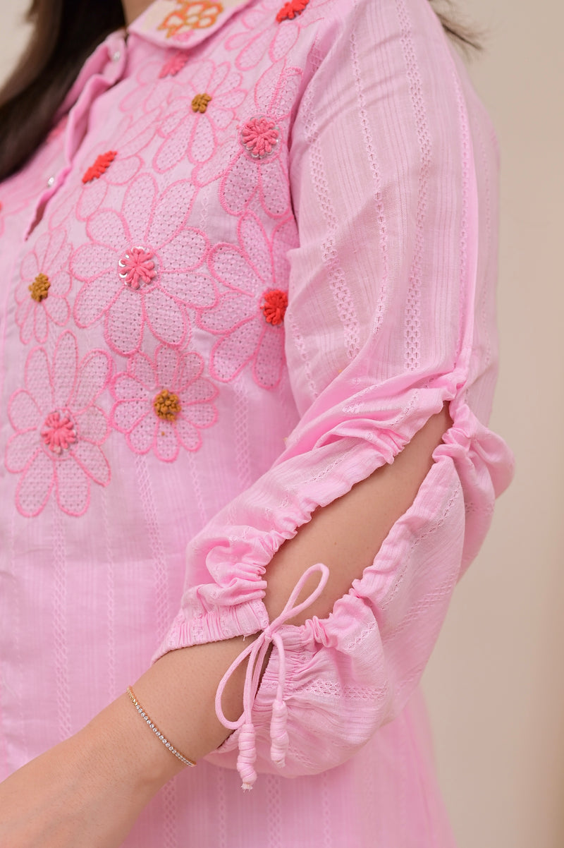 Baby Pink Threadwork A Line Cotton Co-ord