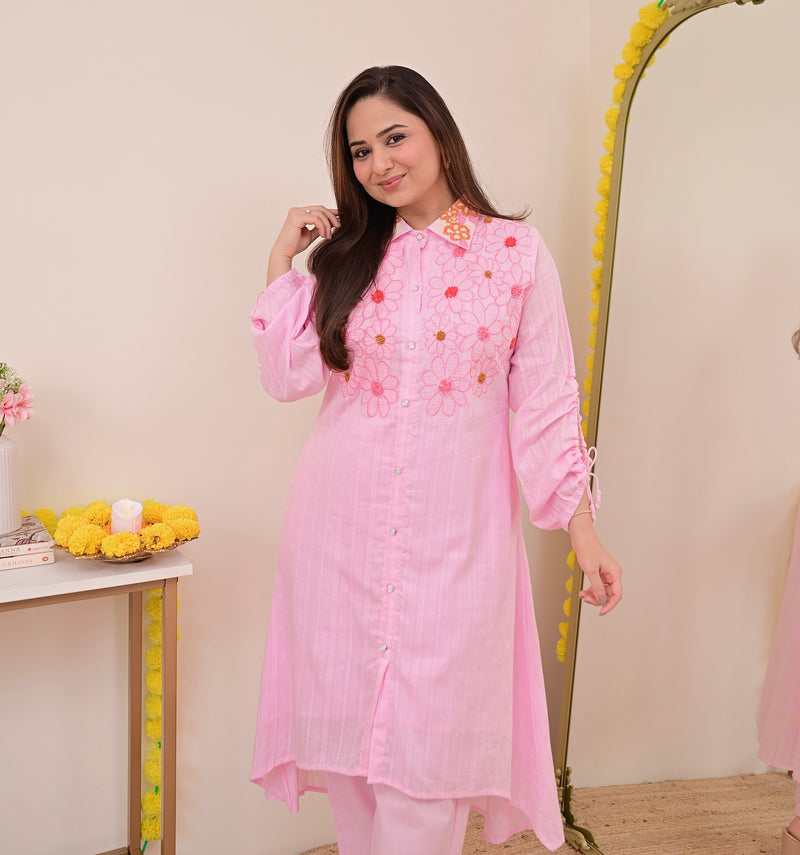 Baby Pink Threadwork A Line Cotton Co-ord