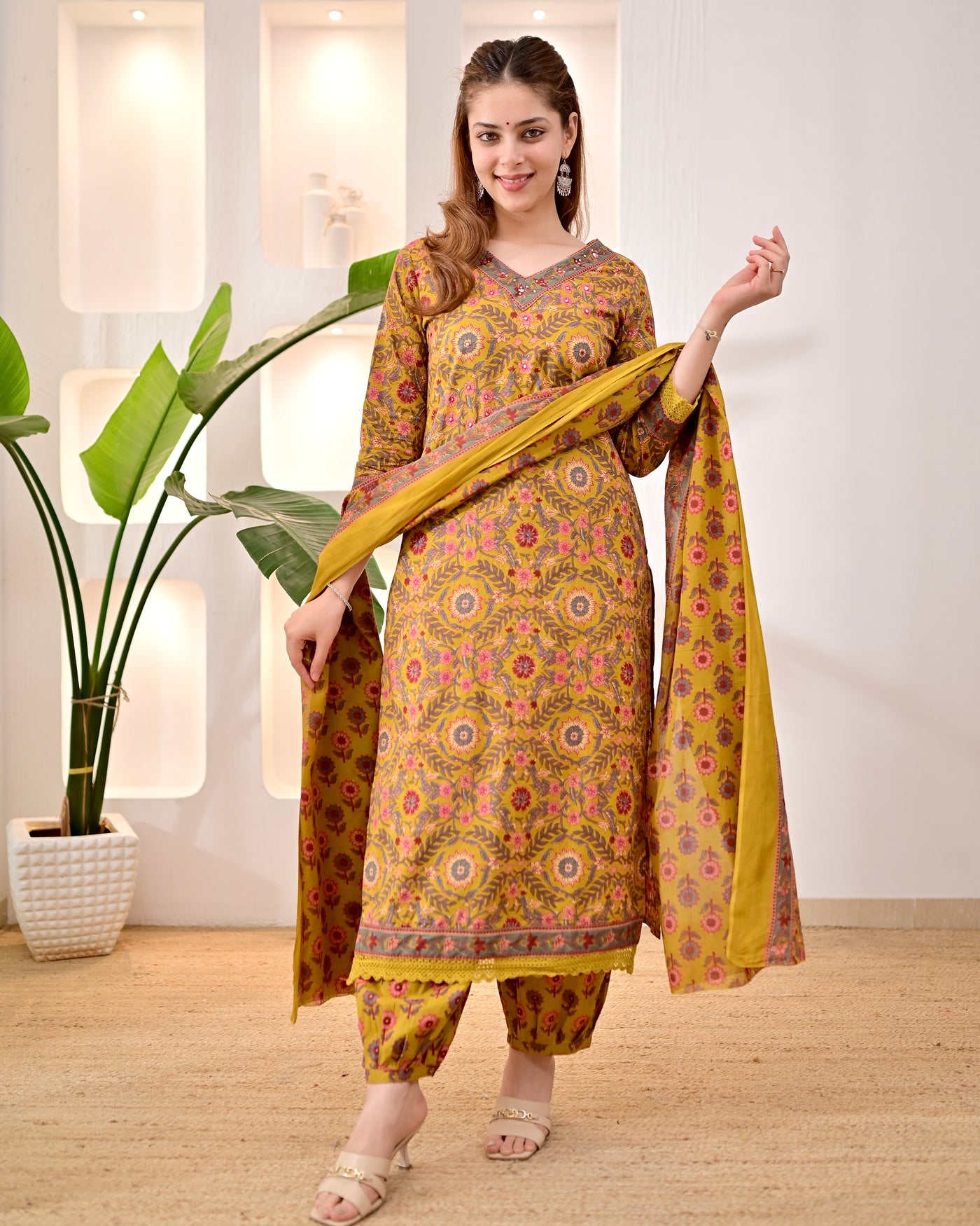 Mustard Floral Cotton Afghani Suit