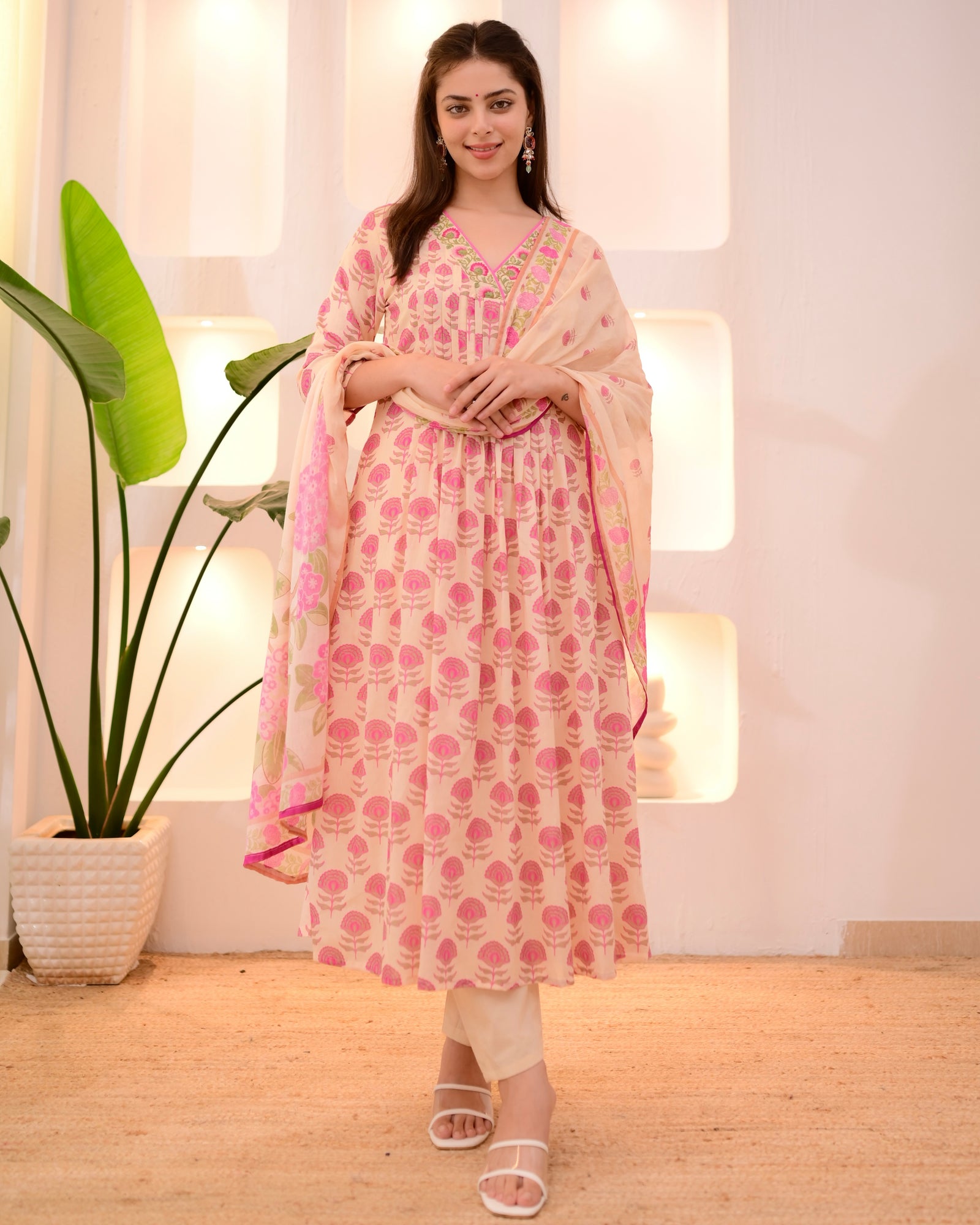 Peachy Pink 3 PC Floral Print Pintex A Line Festive Suit Set For