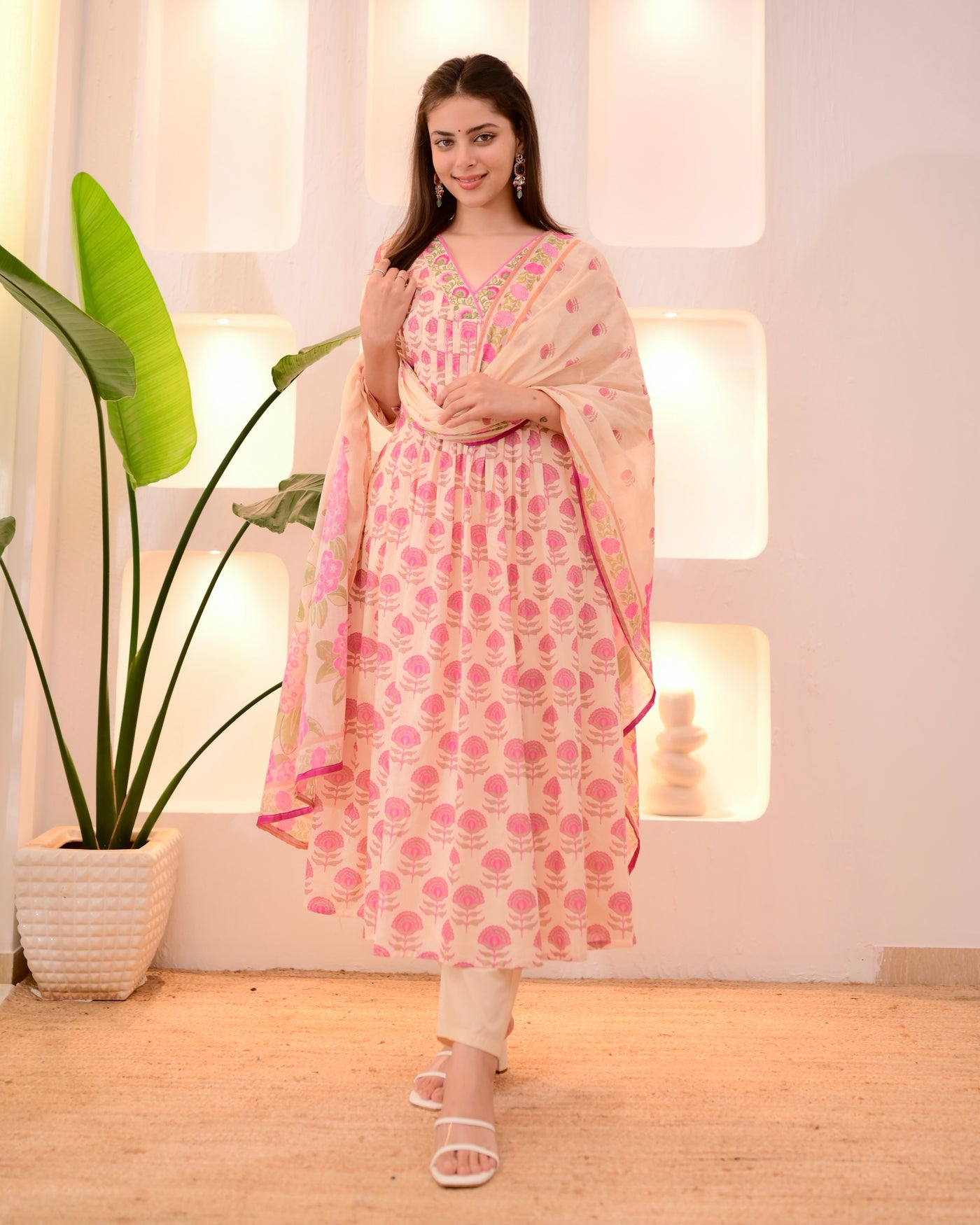 Peachy Pink Floral A Line Cotton Pintex Suit