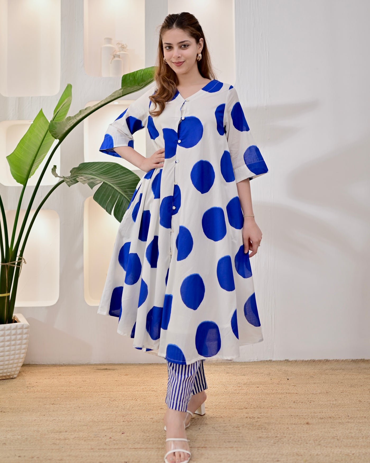 Cobalt Polka Cotton A Line Kurta Set