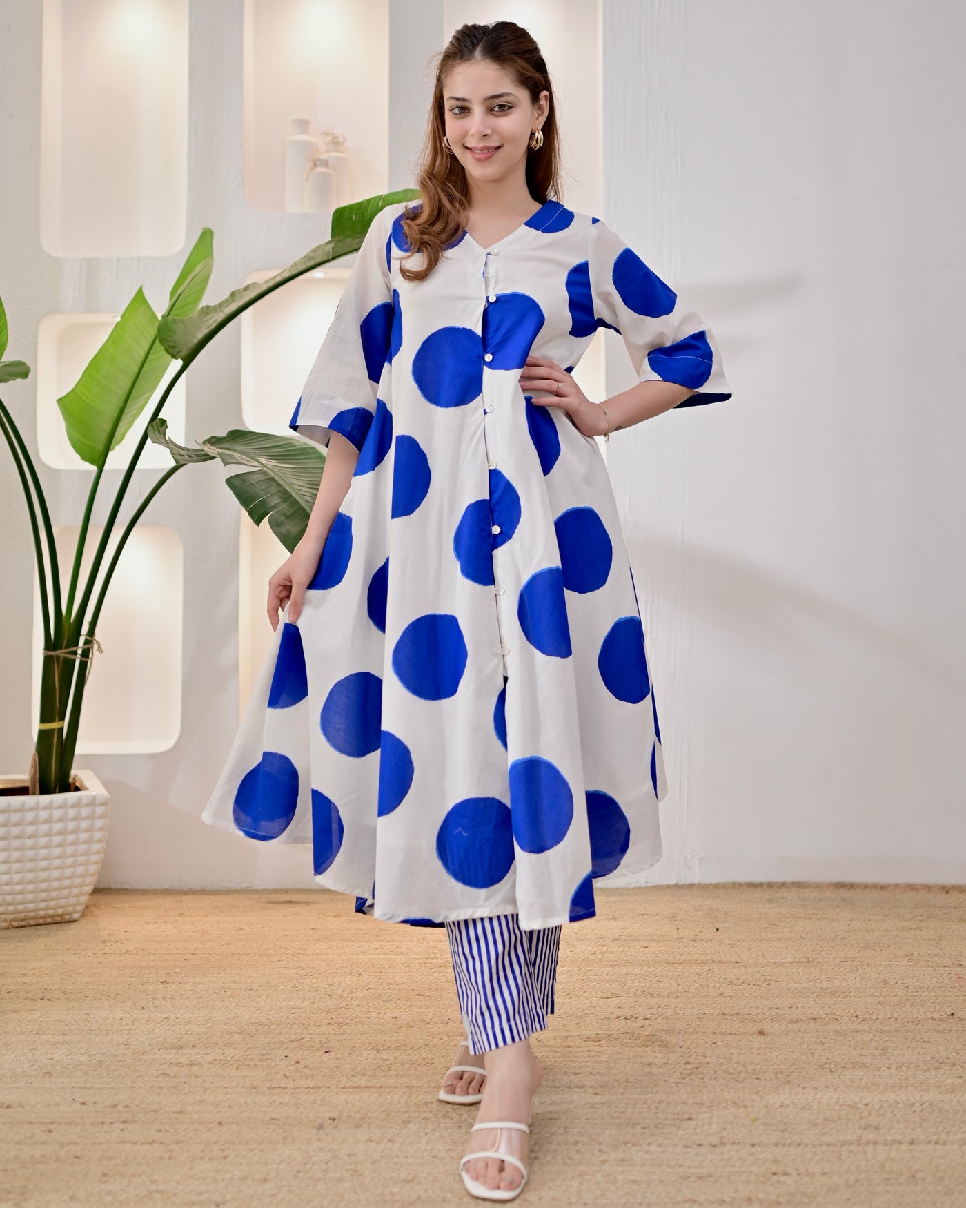 Cobalt Polka Cotton A Line Kurta Set