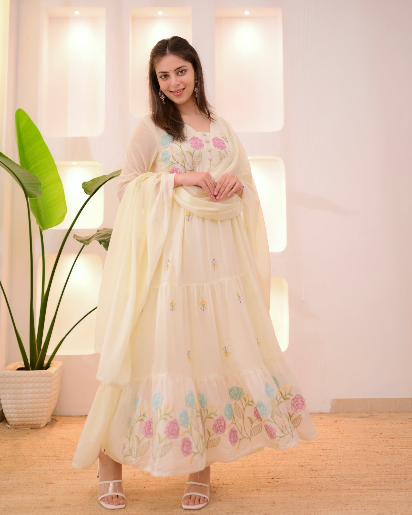 Vanilla Pastel Petals Threadwork Mul Cotton A Line Suit
