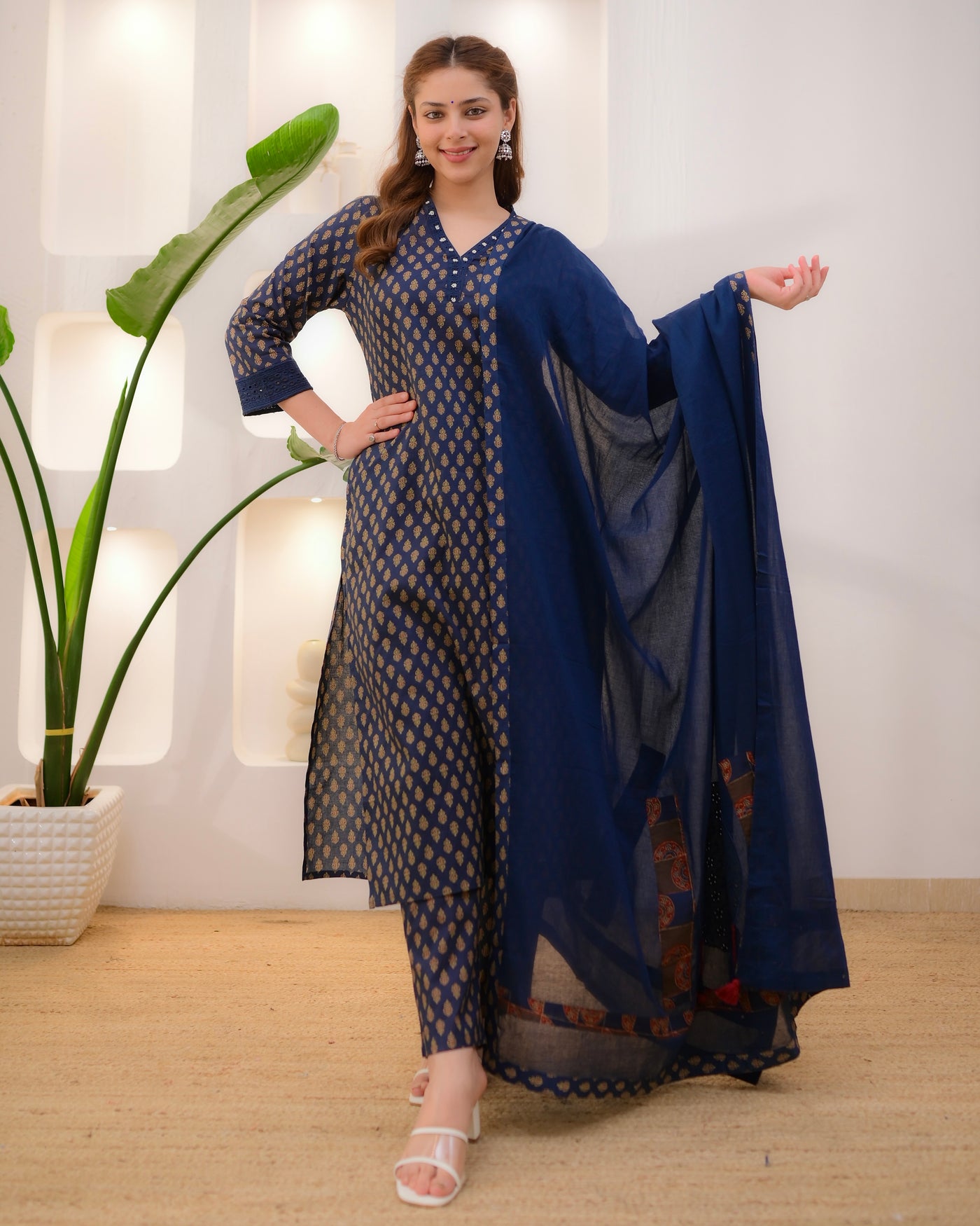 Navy Blue Noor Premium Cotton Schiffli Suit