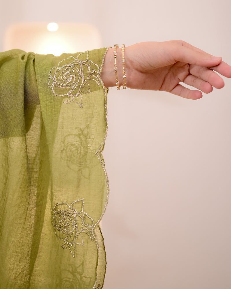 Olive Green Pintex Mul Chanderi Threadwork A Line Suit