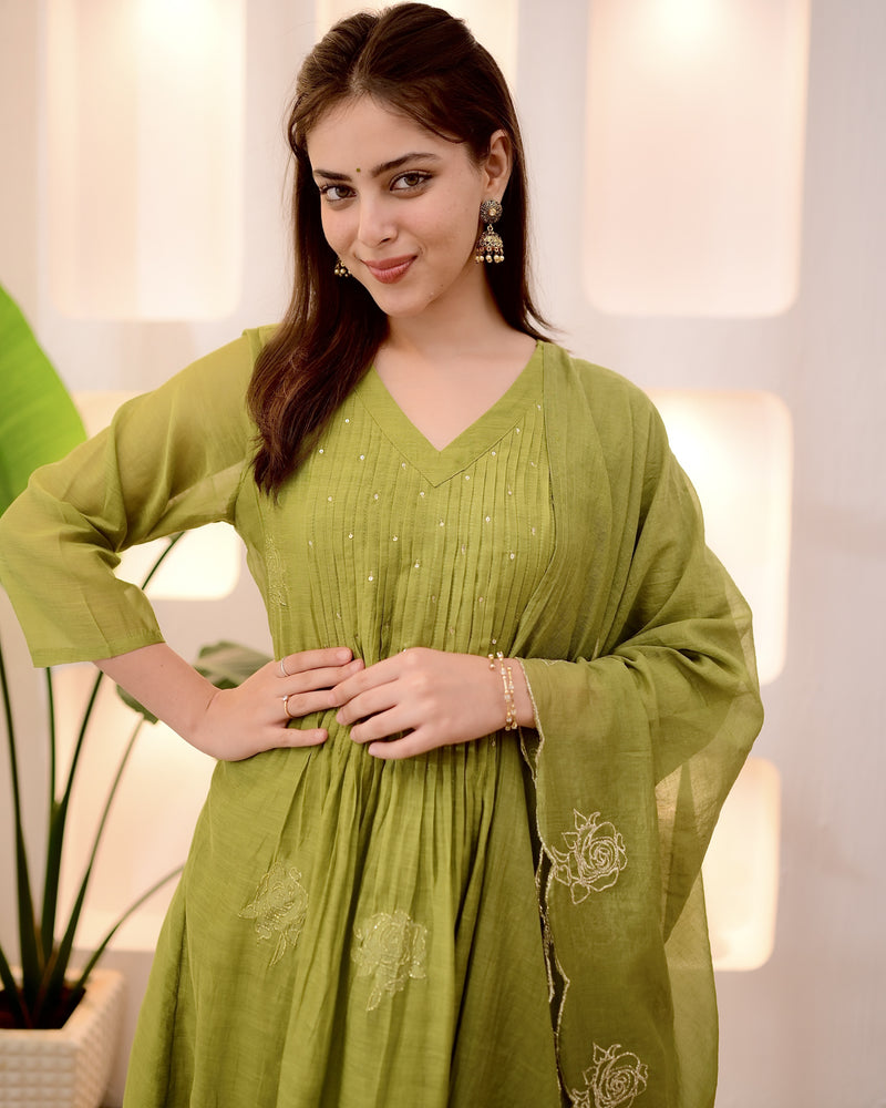 Olive Green Pintex Mul Chanderi Threadwork A Line Suit