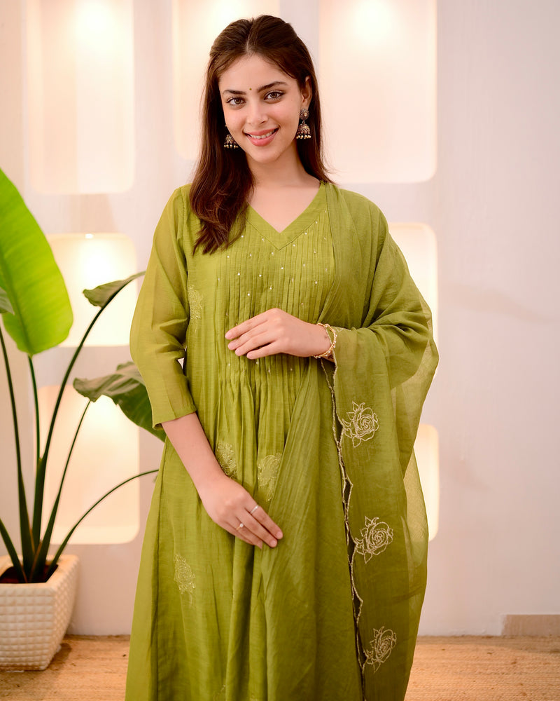 Olive Green Pintex Mul Chanderi Threadwork A Line Suit