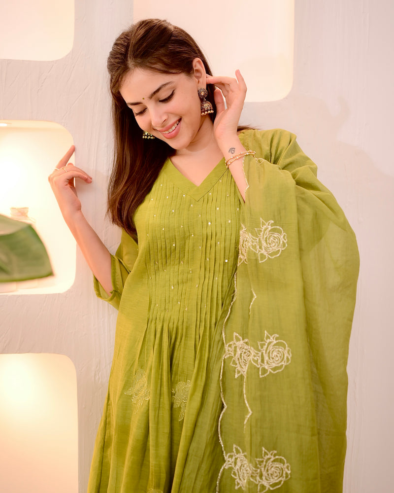 Olive Green Pintex Mul Chanderi Threadwork A Line Suit