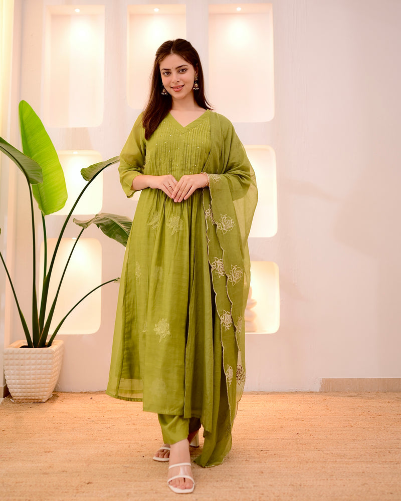 Olive Green Pintex Mul Chanderi Threadwork A Line Suit