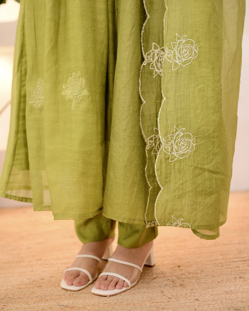 Olive Green Pintex Mul Chanderi Threadwork A Line Suit
