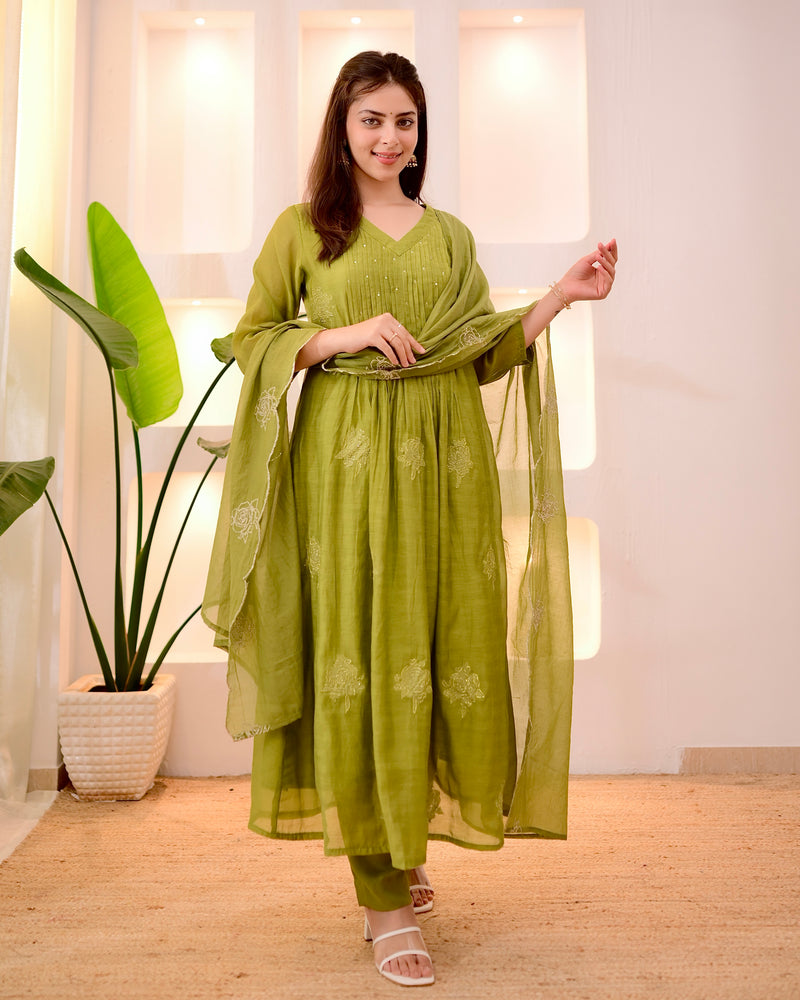 Olive Green Pintex Mul Chanderi Threadwork A Line Suit