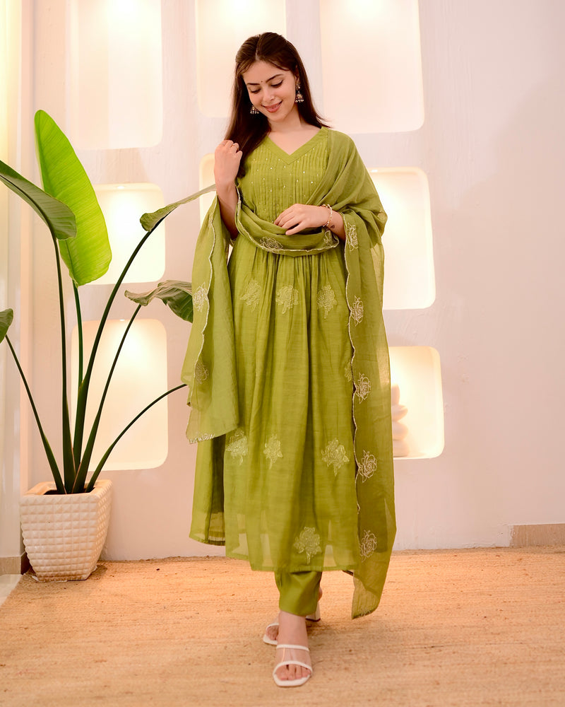 Olive Green Pintex Mul Chanderi Threadwork A Line Suit